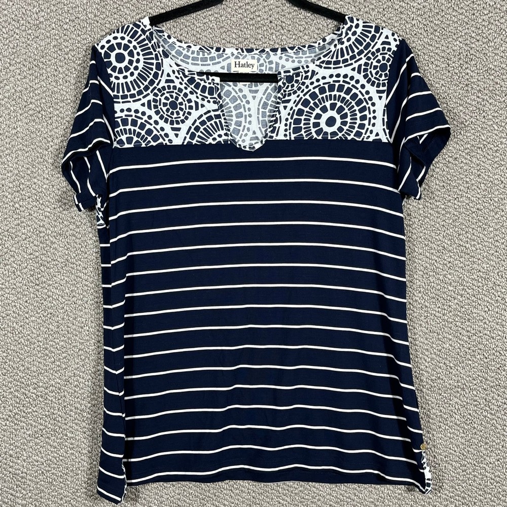 Hatley Shirt Womens Size Large Blue Striped Short Sleeves Horse Shoe Neck Casual